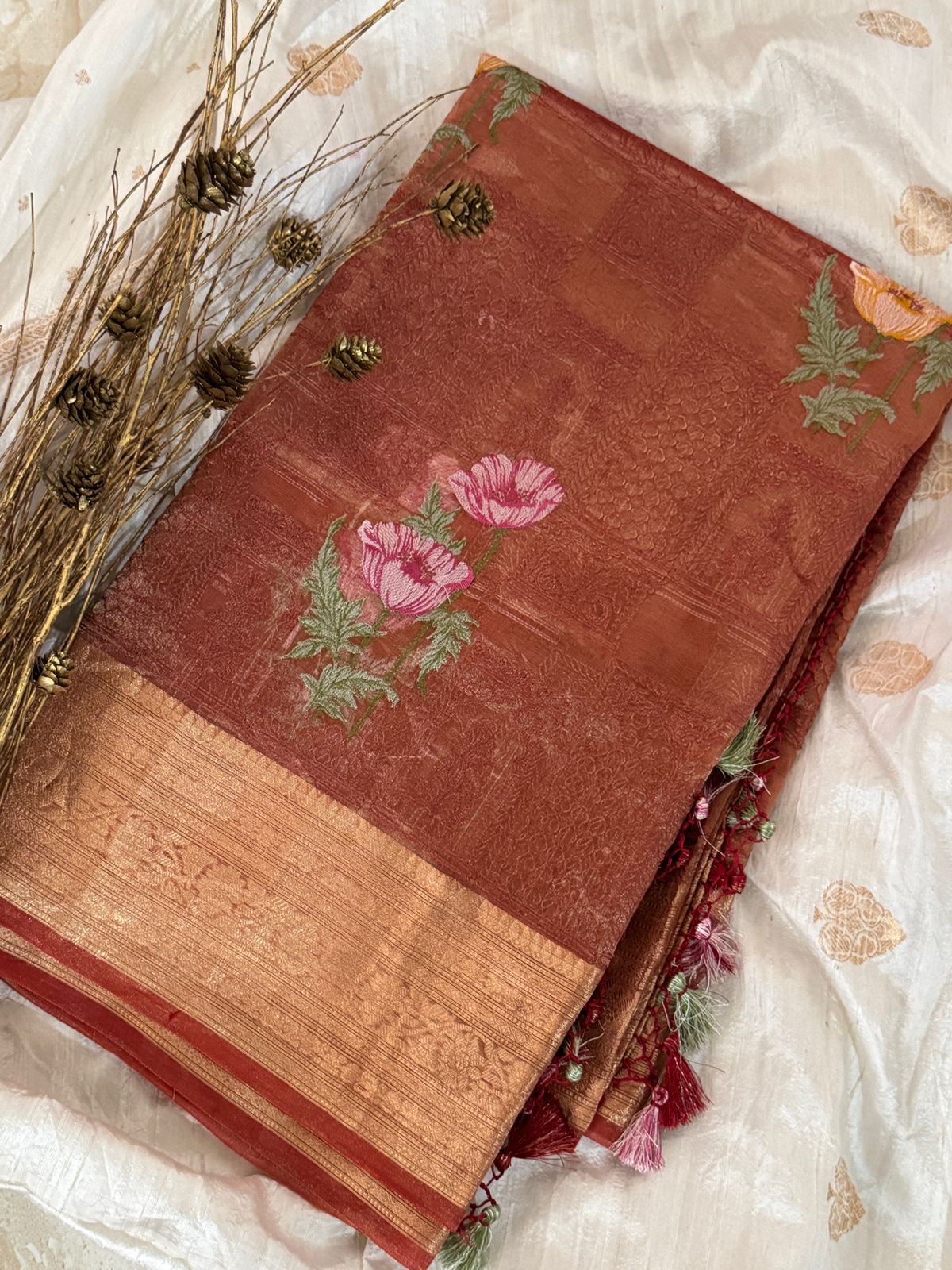 Beautiful Banarasi Tissue Silk Saree with All-Over Embroidery Work