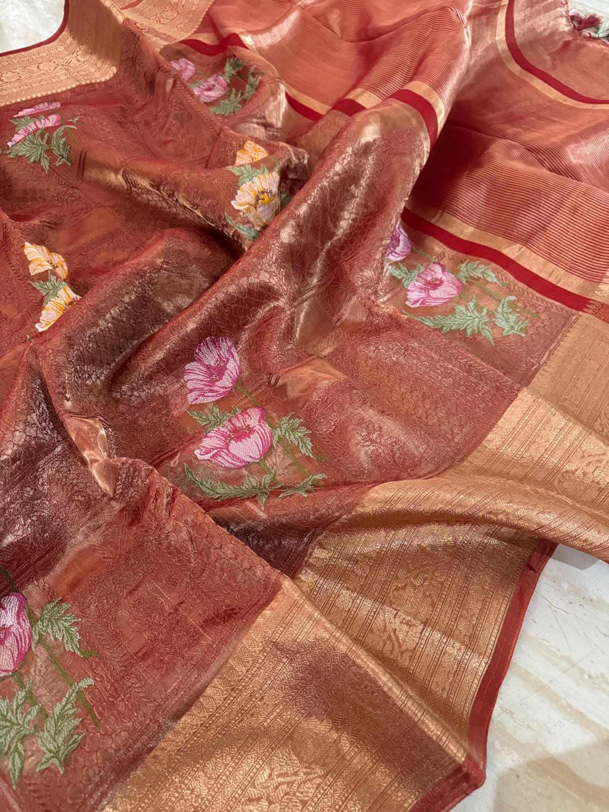 Beautiful Banarasi Tissue Silk Saree with All-Over Embroidery Work