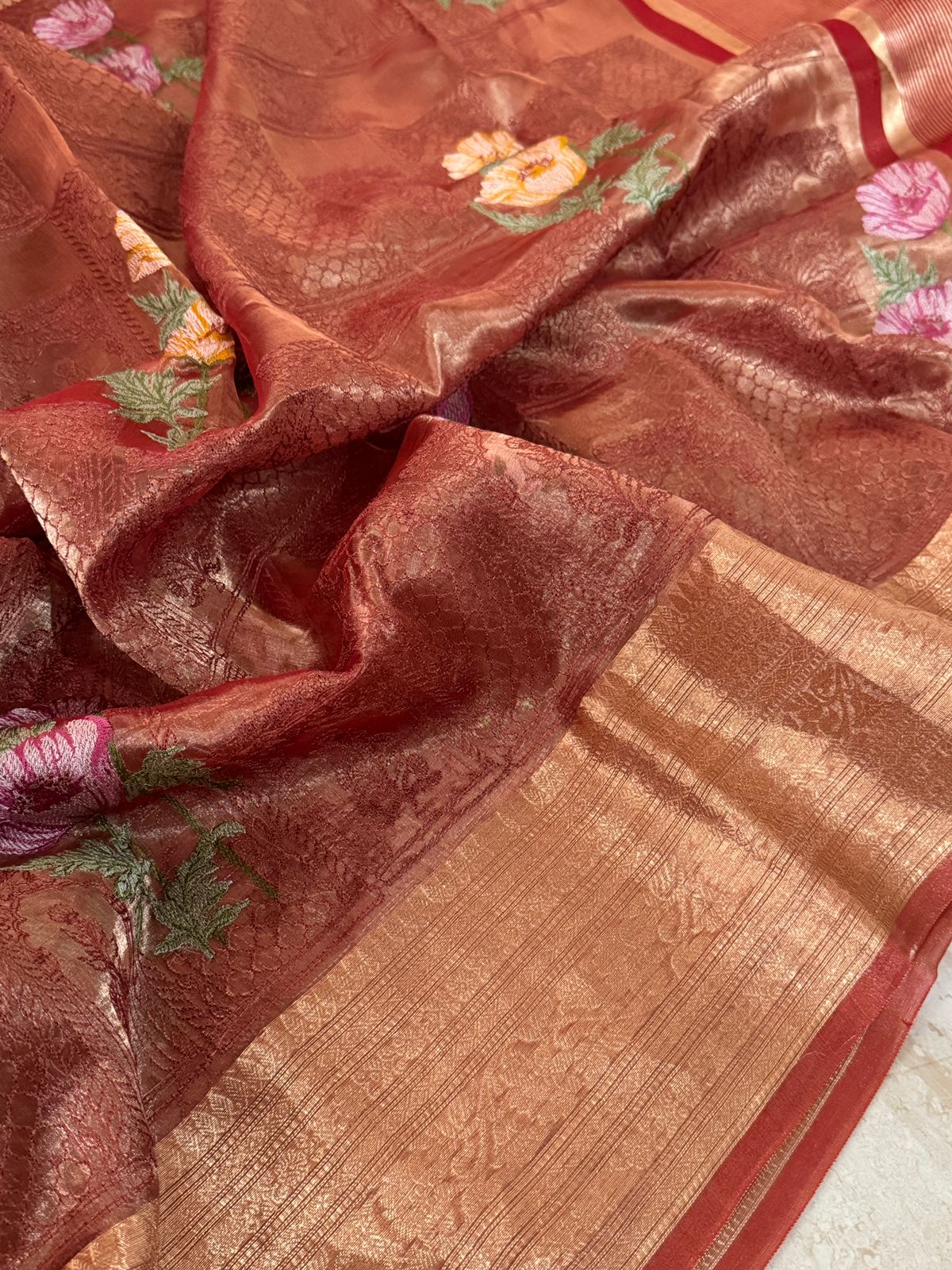 Beautiful Banarasi Tissue Silk Saree with All-Over Embroidery Work