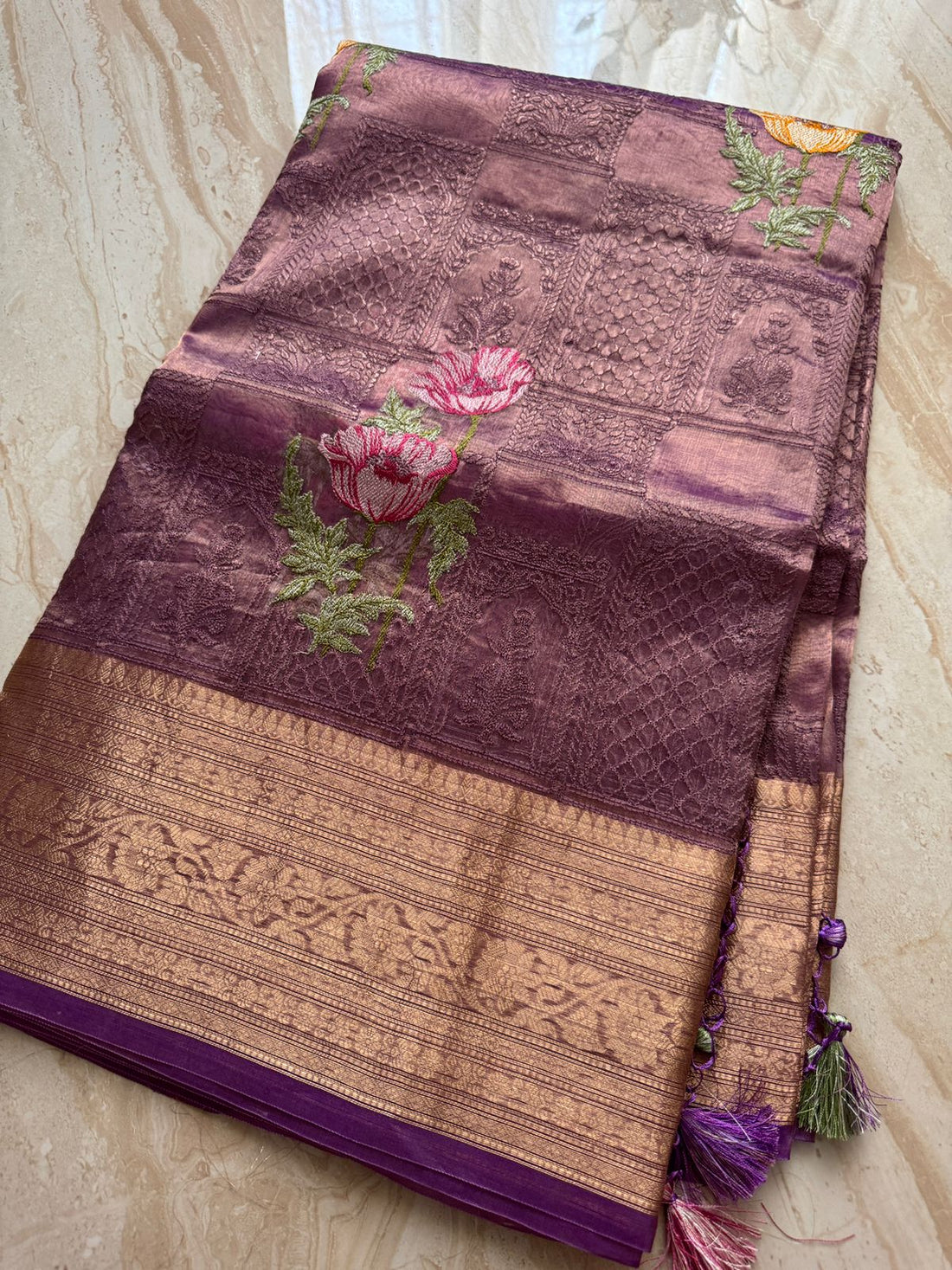 Beautiful Banarasi Tissue Silk Saree with All-Over Embroidery Work