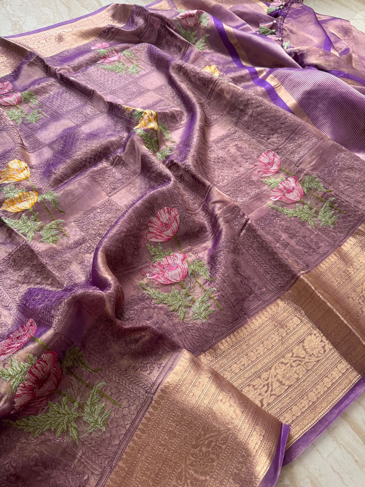 Beautiful Banarasi Tissue Silk Saree with All-Over Embroidery Work