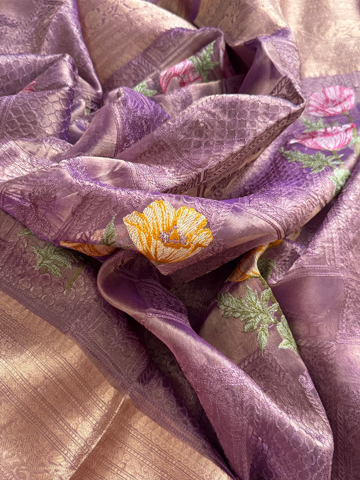Beautiful Banarasi Tissue Silk Saree with All-Over Embroidery Work