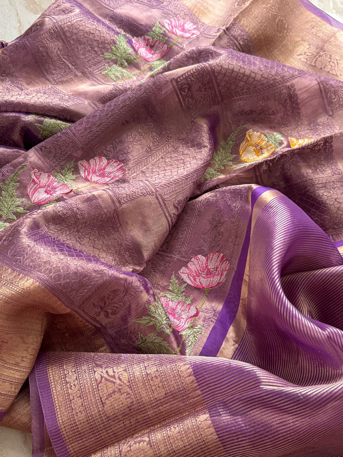Beautiful Banarasi Tissue Silk Saree with All-Over Embroidery Work