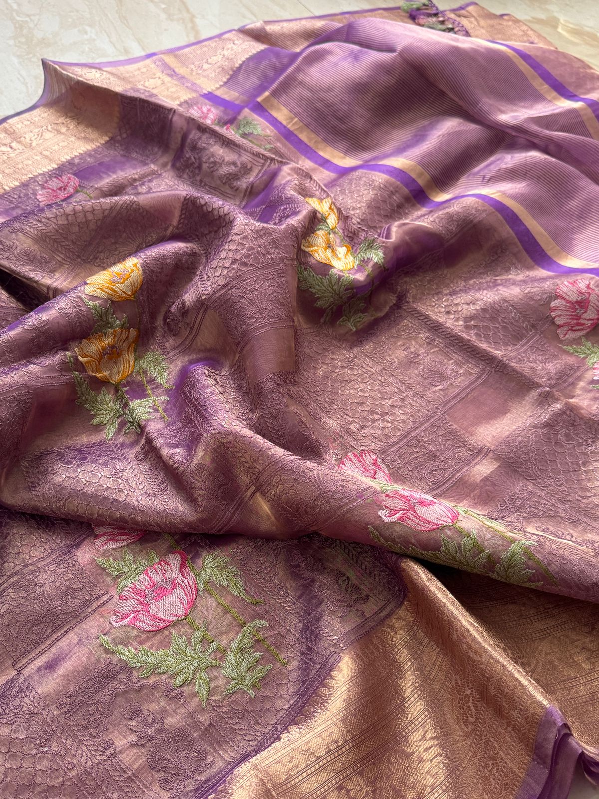 Beautiful Banarasi Tissue Silk Saree with All-Over Embroidery Work