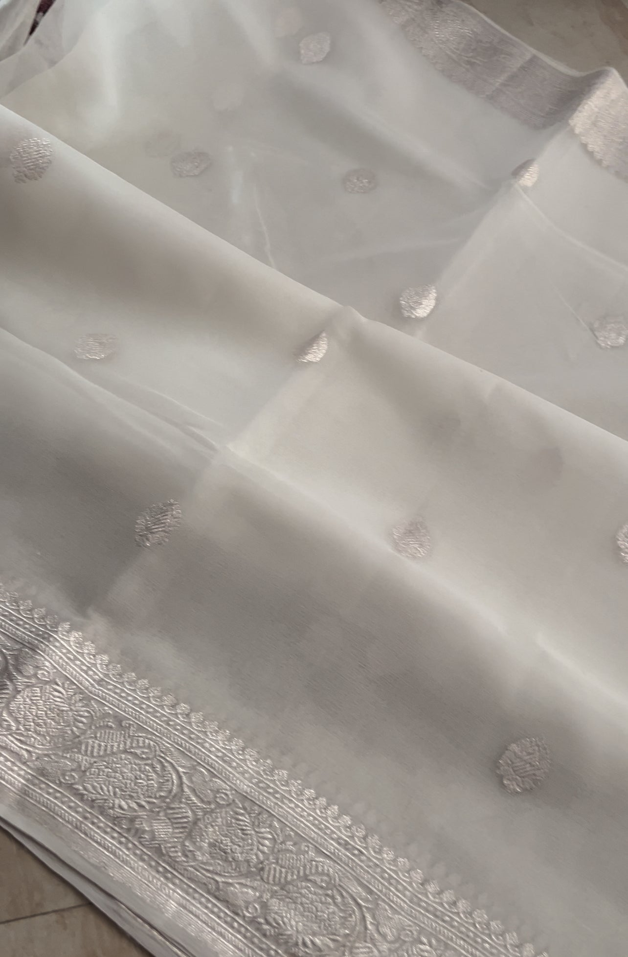 Pure Hamdloom Khaddi Chiffon Banarasi Saree With Silver Zari Woven All over
