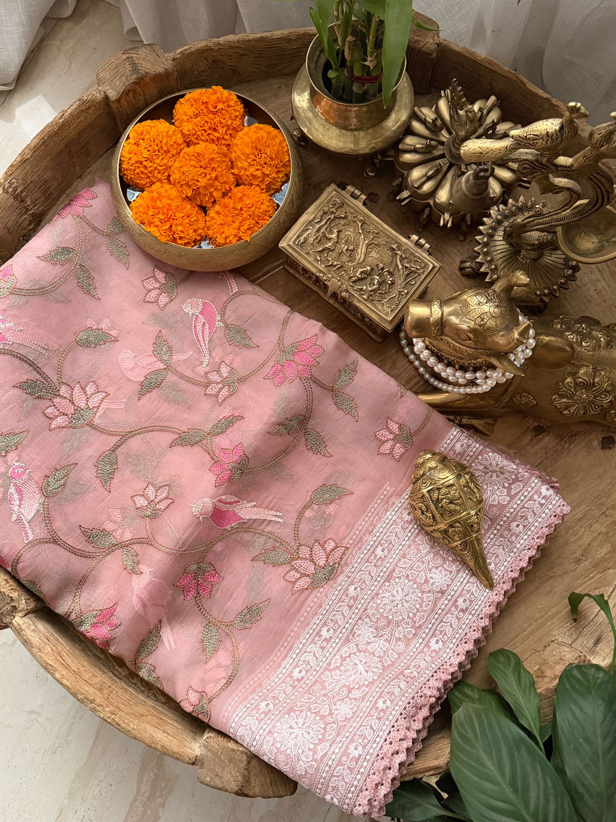 Pure Organza Silk Saree With Katha Machine Chikankari , Border With Velvet Lace