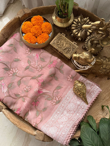 Pure Organza Silk Saree With Katha Machine Chikankari , Border With Velvet Lace
