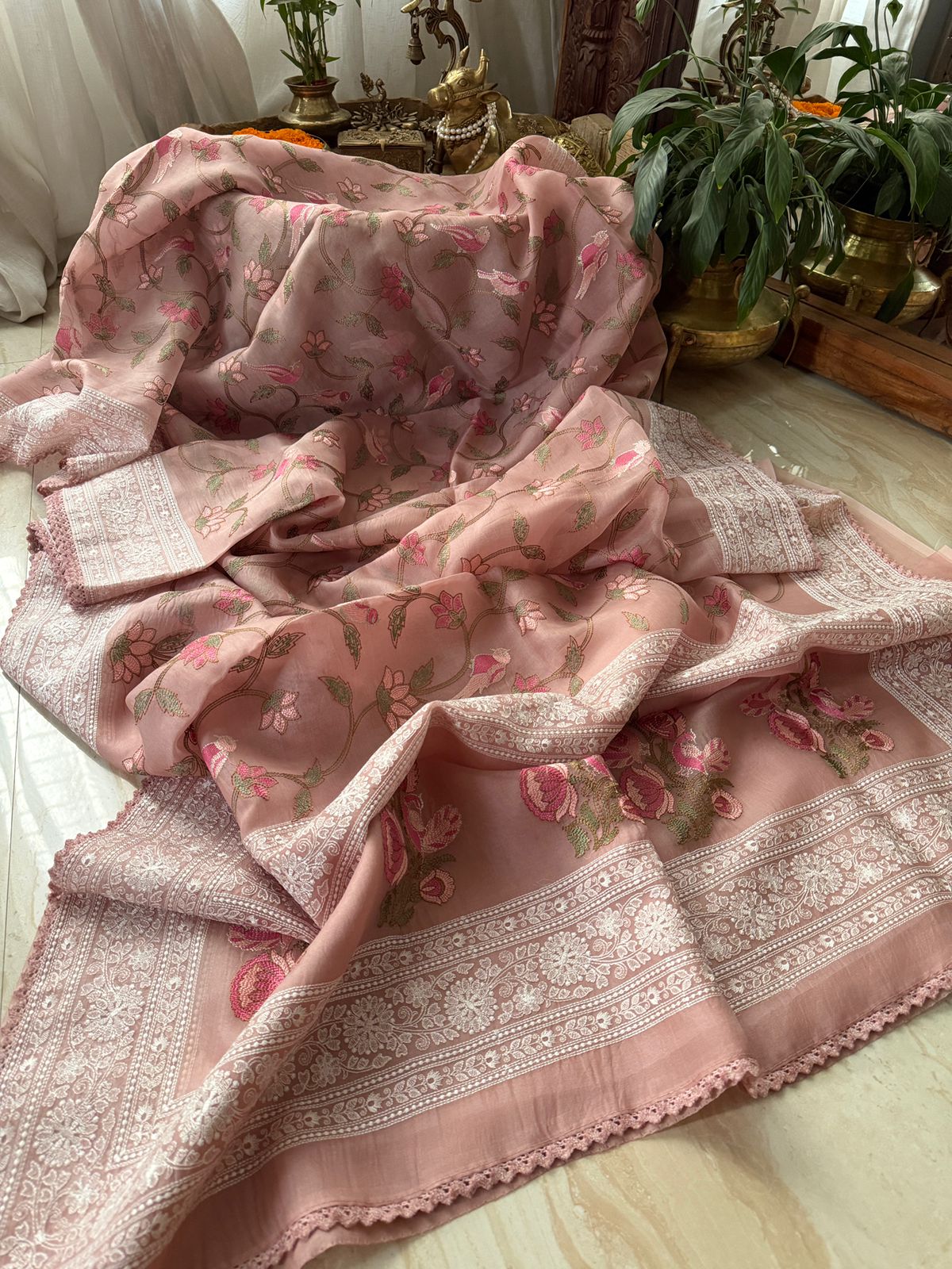 Pure Organza Silk Saree With Katha Machine Chikankari , Border With Velvet Lace