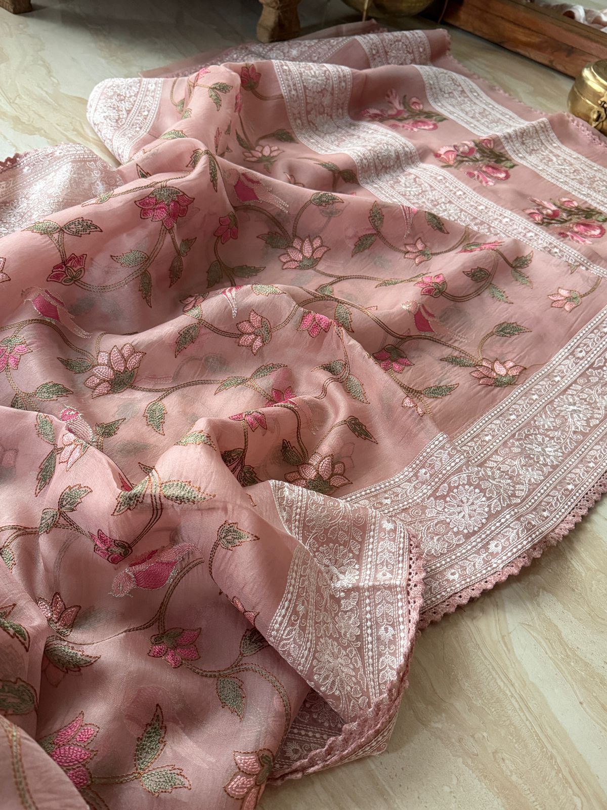Pure Organza Silk Saree With Katha Machine Chikankari , Border With Velvet Lace