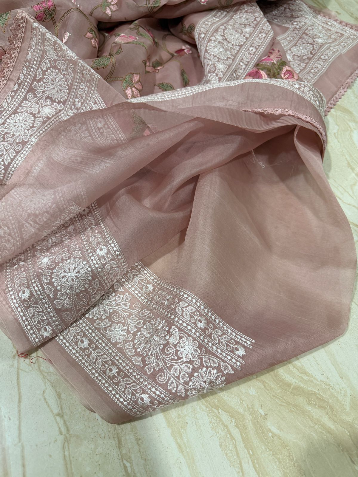 Pure Organza Silk Saree With Katha Machine Chikankari , Border With Velvet Lace