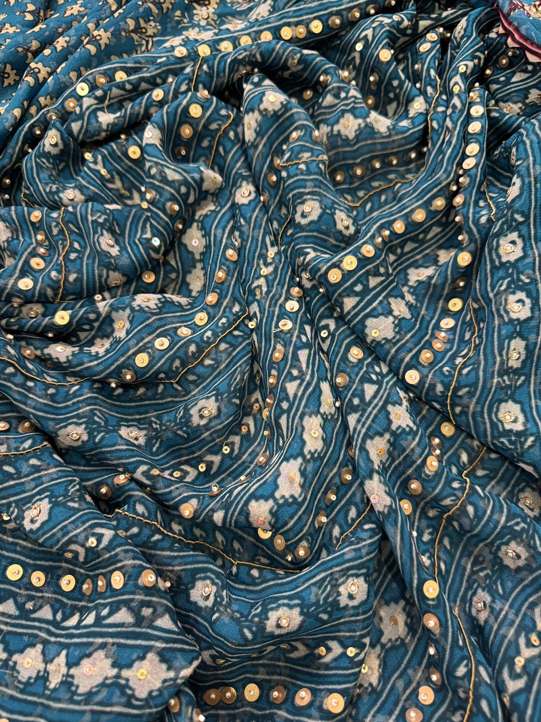 Georgette Ajrakh Print Saree With Hand Zardozi Border