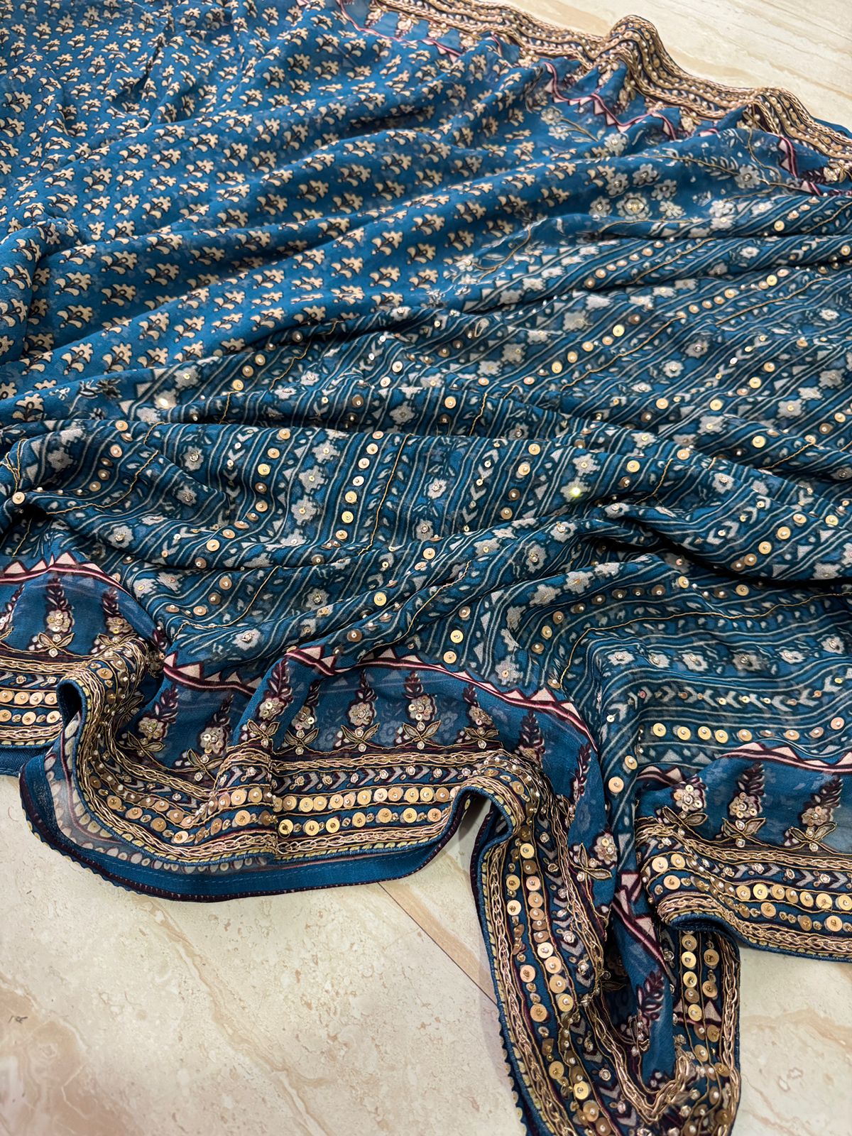 Georgette Ajrakh Print Saree With Hand Zardozi Border