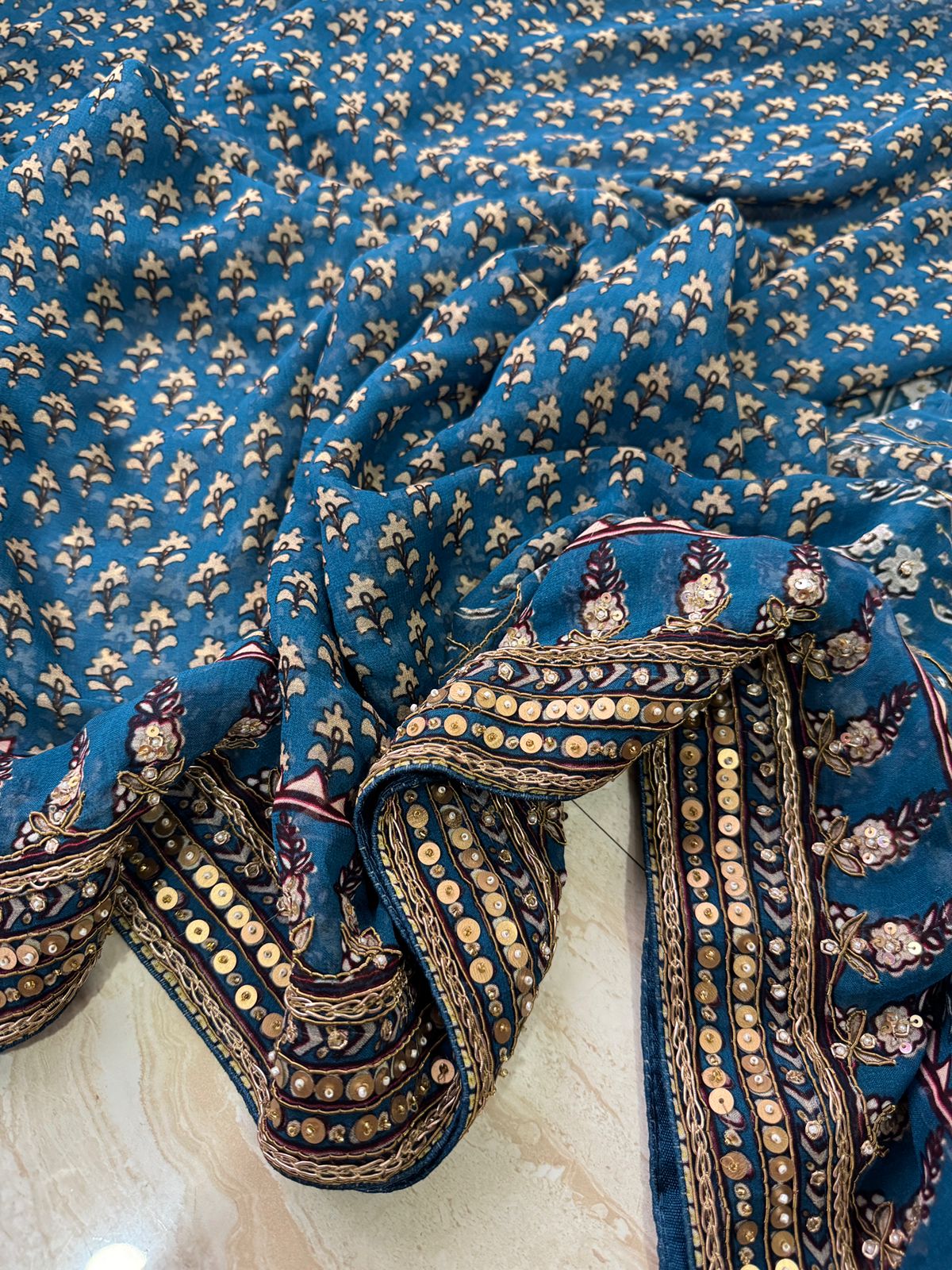 Georgette Ajrakh Print Saree With Hand Zardozi Border