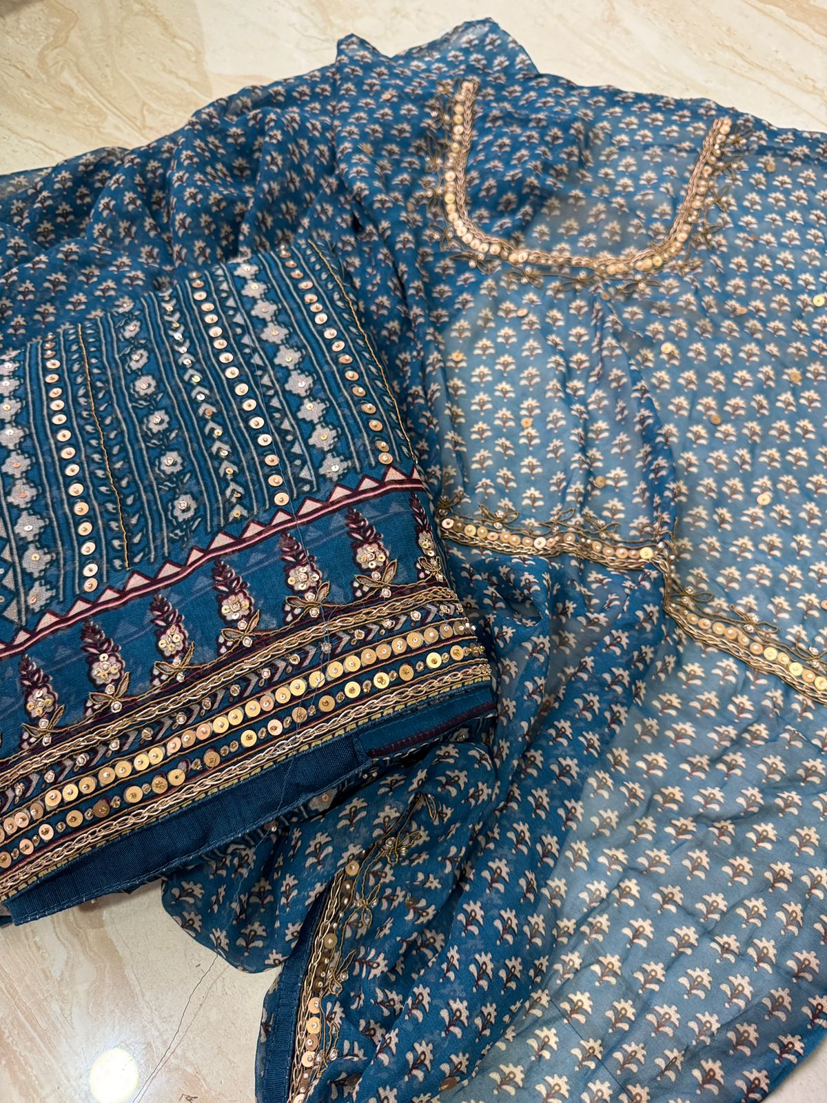 Georgette Ajrakh Print Saree With Hand Zardozi Border