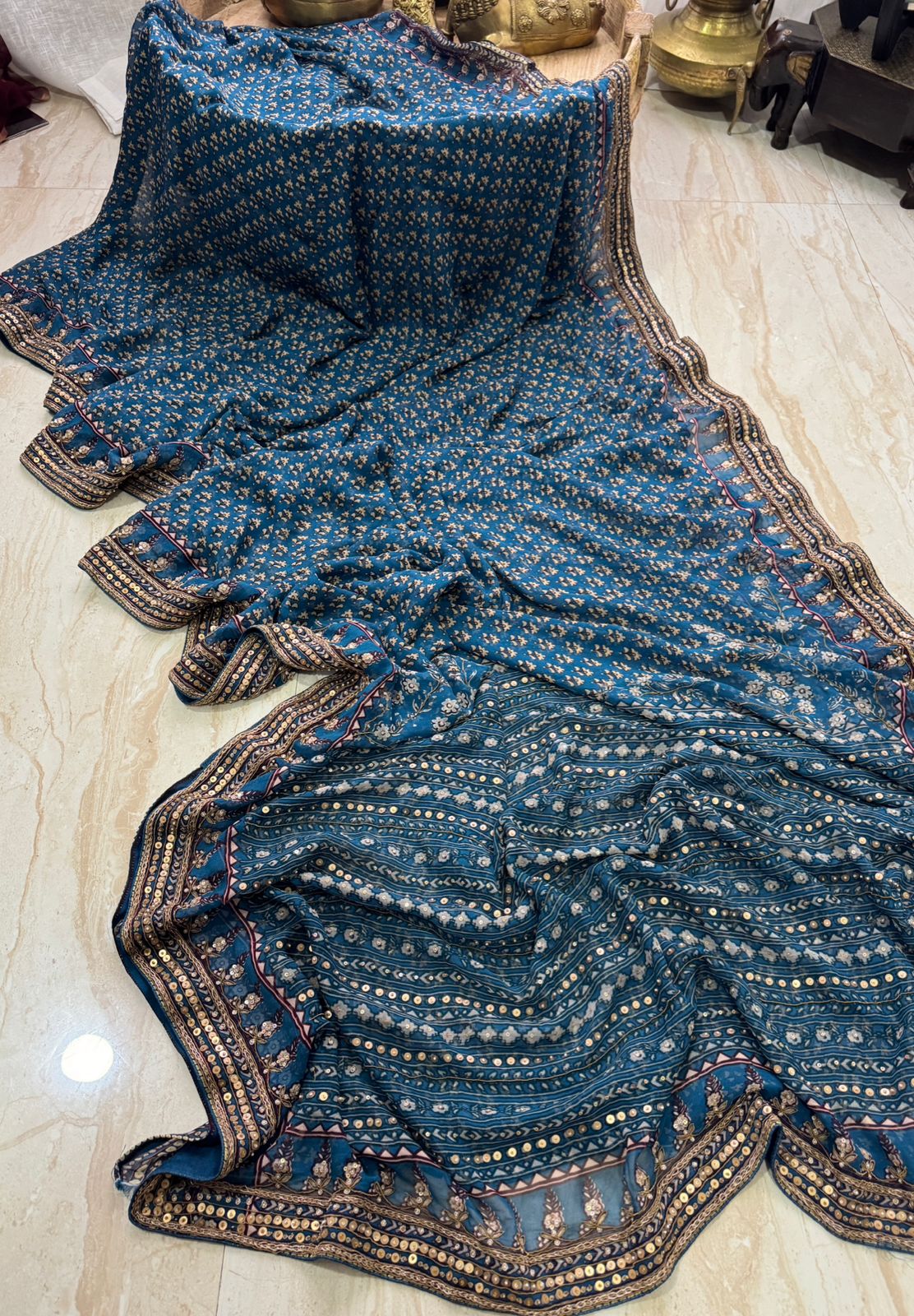 Georgette Ajrakh Print Saree With Hand Zardozi Border