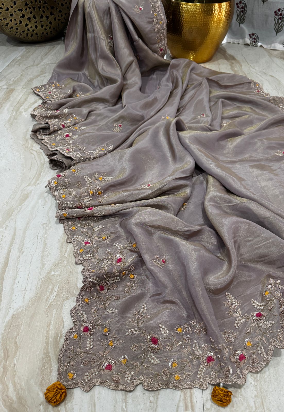 Pure Tissue Silk Zardozi Embroidery Work All Over