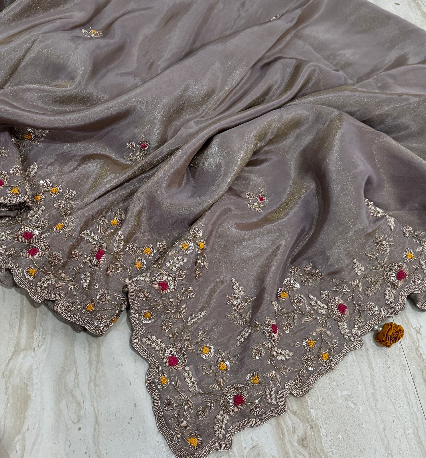Pure Tissue Silk Zardozi Embroidery Work All Over