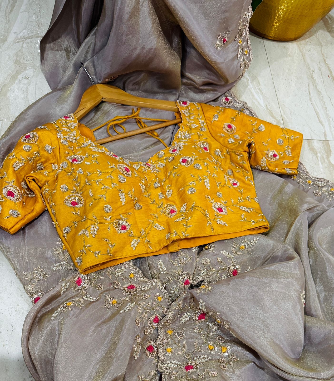 Pure Tissue Silk Zardozi Embroidery Work All Over