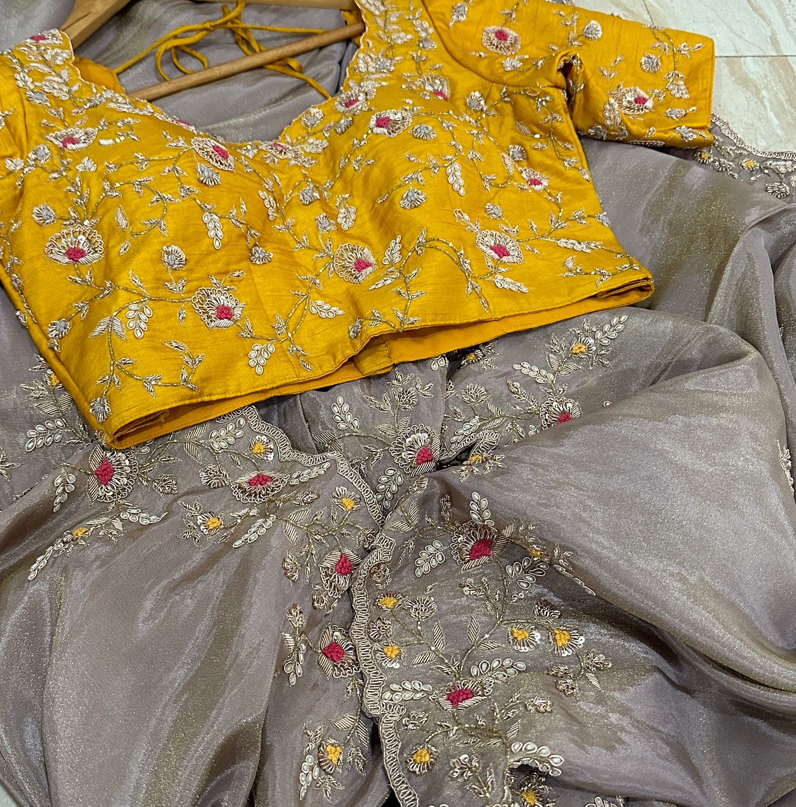 Pure Tissue Silk Zardozi Embroidery Work All Over