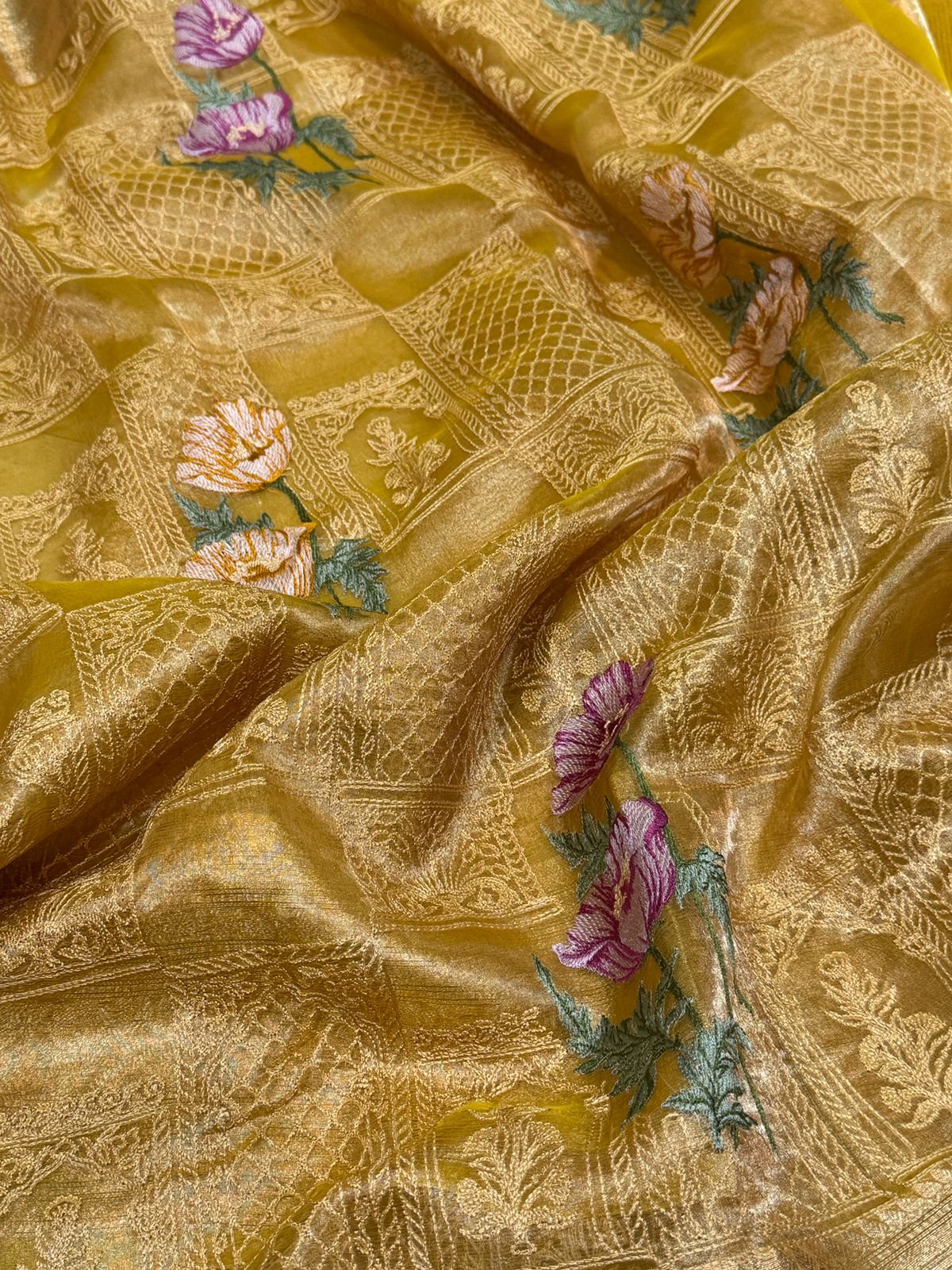 Beautiful Banarasi Tissue Silk Saree With All-Over Embroidery Work