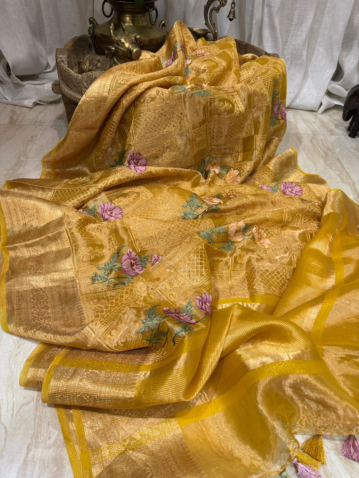 Beautiful Banarasi Tissue Silk Saree With All-Over Embroidery Work