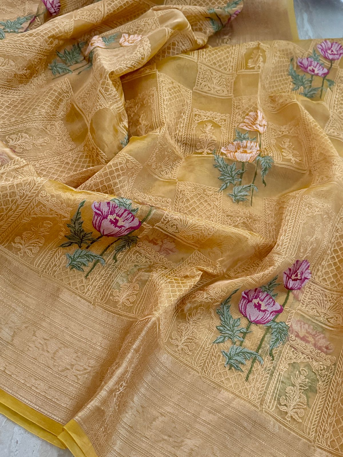 Beautiful Banarasi Tissue Silk Saree With All-Over Embroidery Work