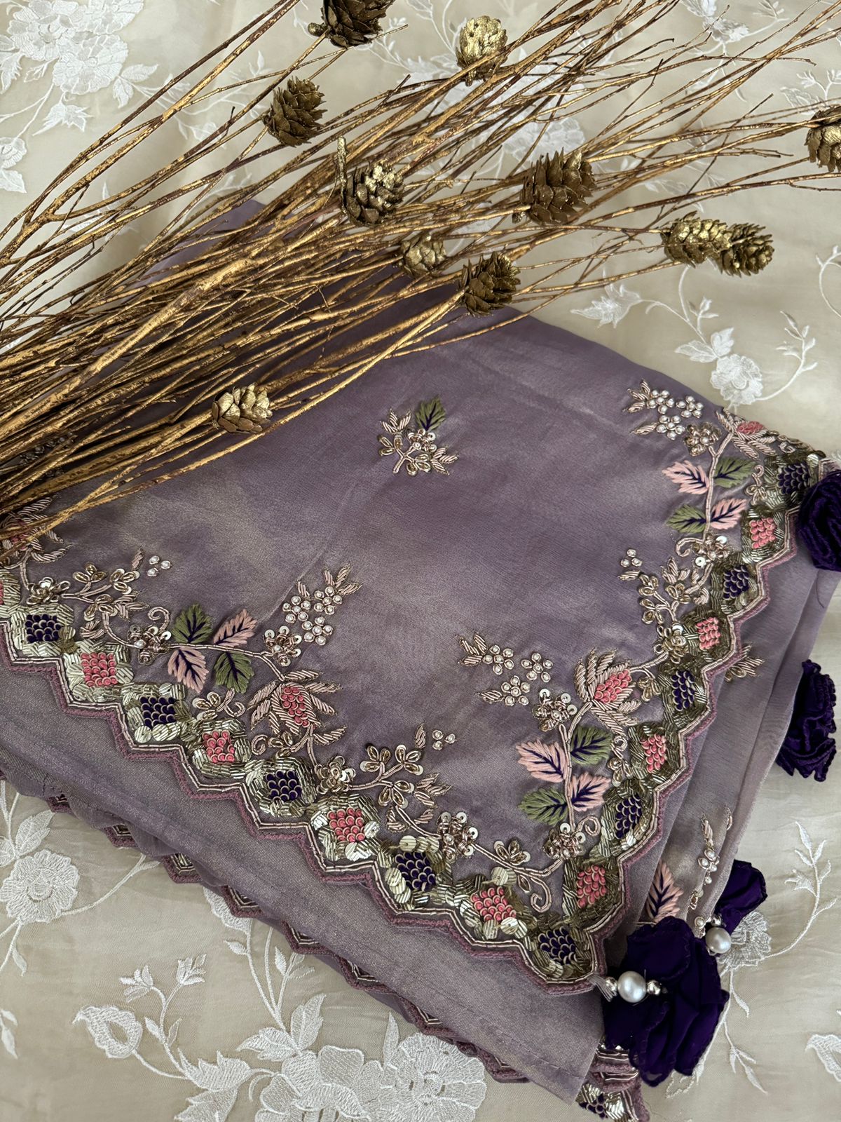 Pure Tissue Organza Zardozi Work Embroidery Saree
