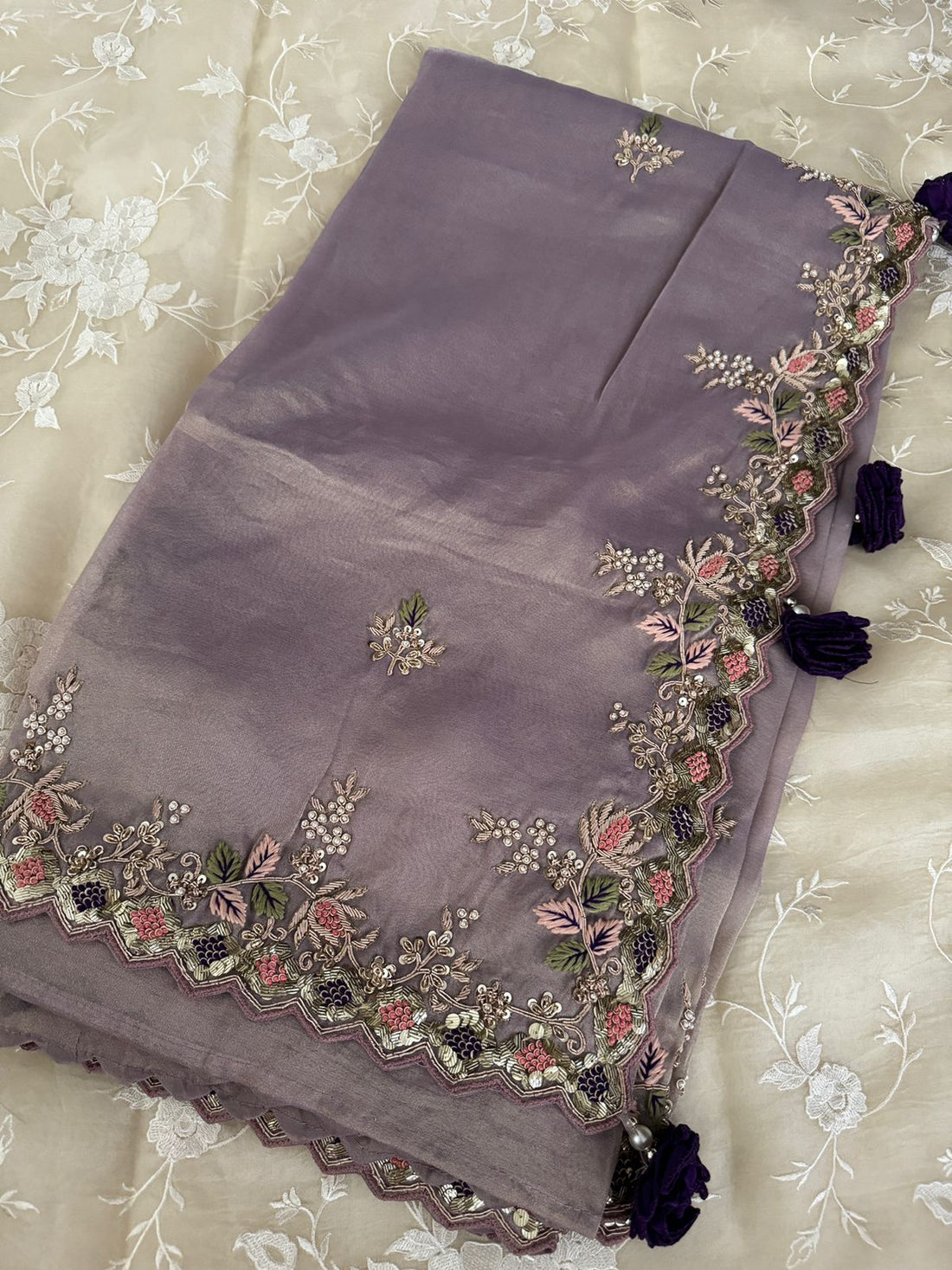 Pure Tissue Organza Zardozi Work Embroidery Saree