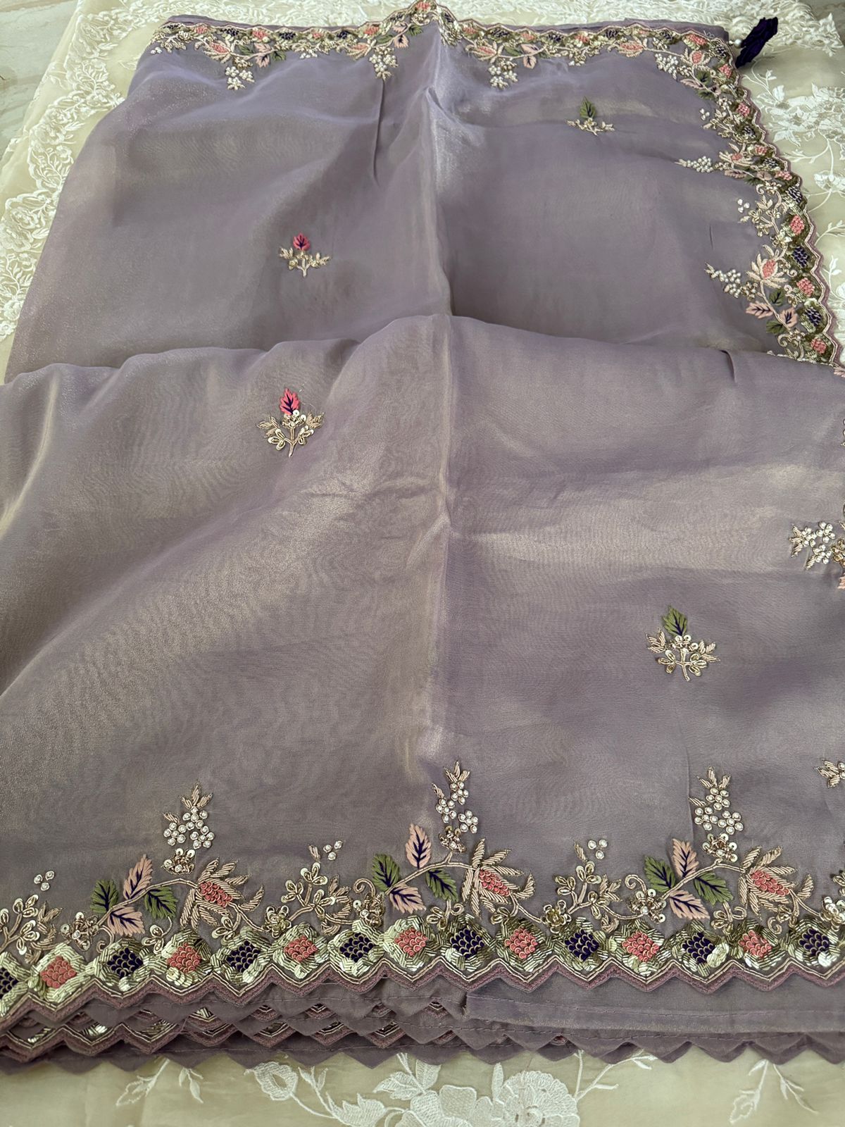 Pure Tissue Organza Zardozi Work Embroidery Saree
