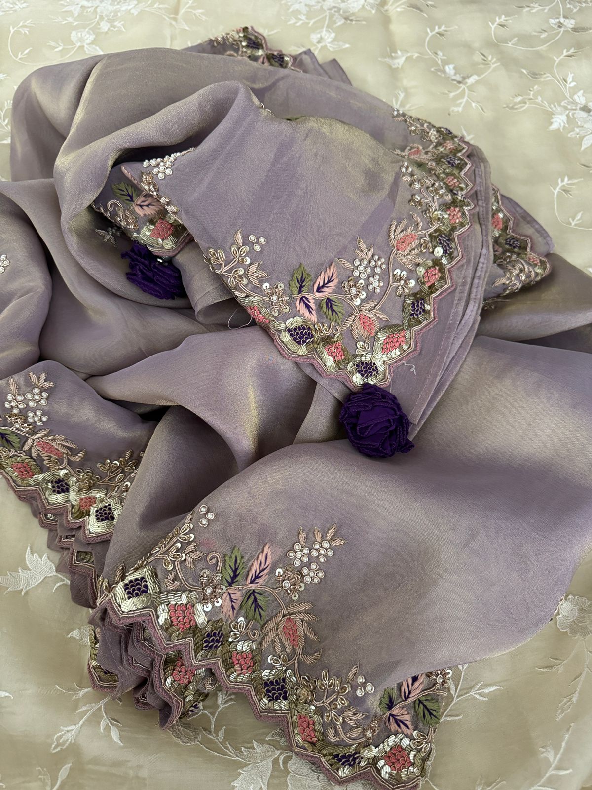 Pure Tissue Organza Zardozi Work Embroidery Saree