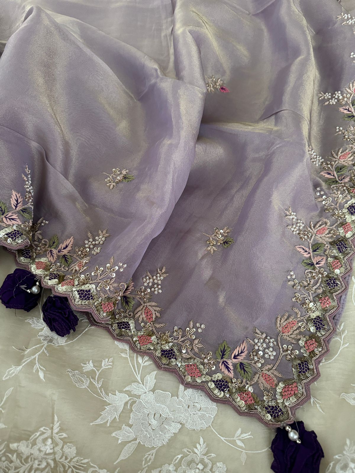 Pure Tissue Organza Zardozi Work Embroidery Saree