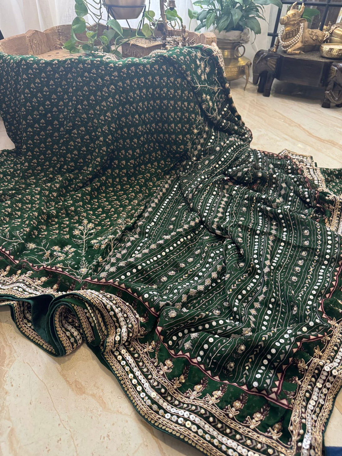 Georgette Ajrakh Print Saree With Hand Zardozi Border