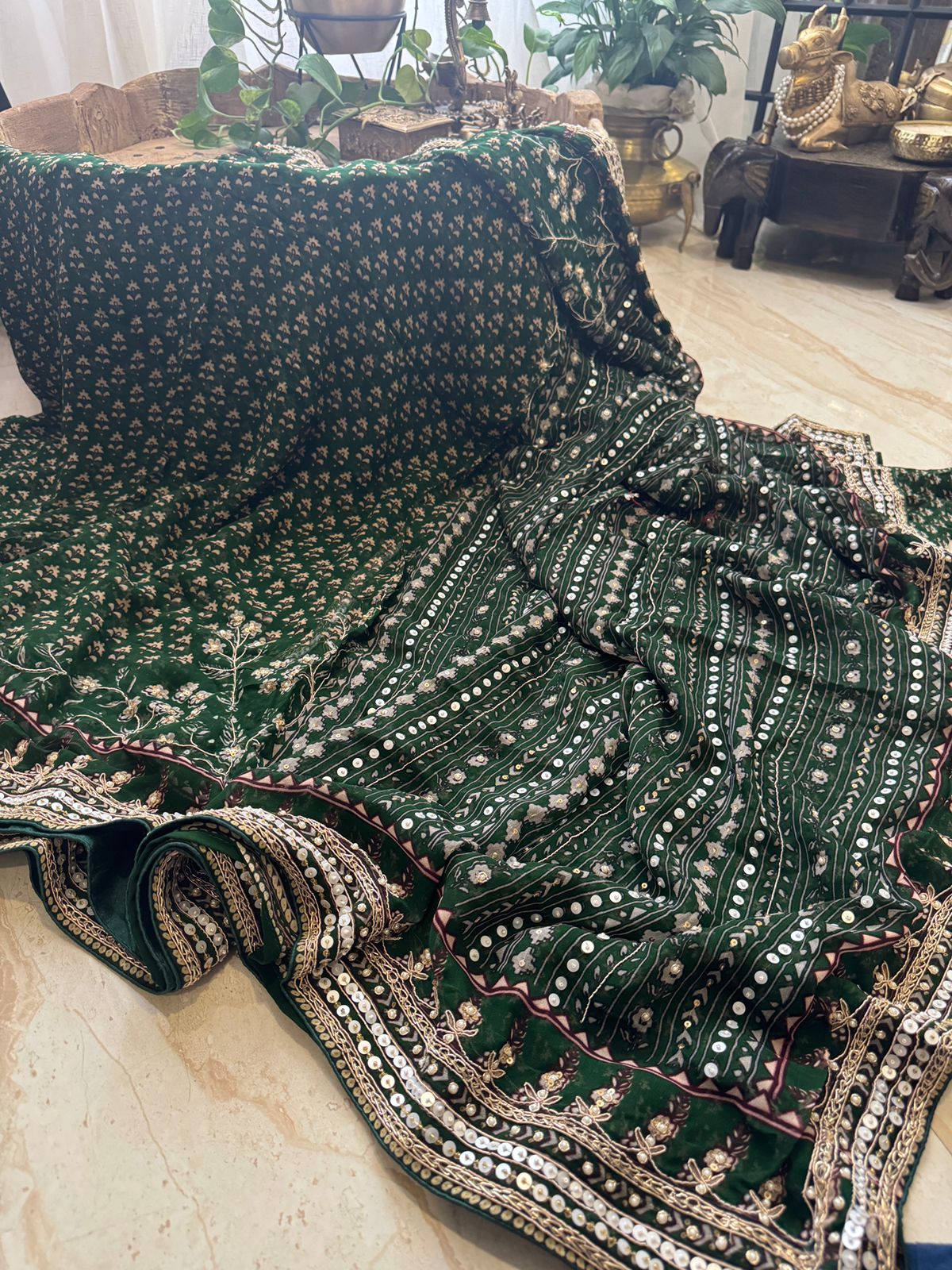 Georgette Ajrakh Print Saree With Hand Zardozi Border