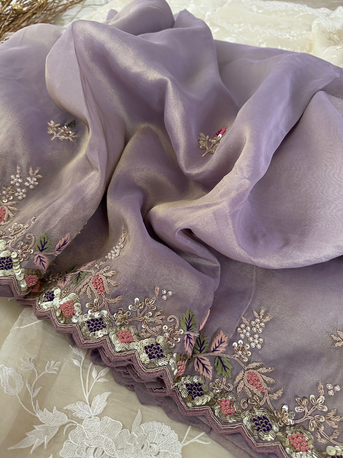 Pure Tissue Organza Zardozi Work Embroidery Saree