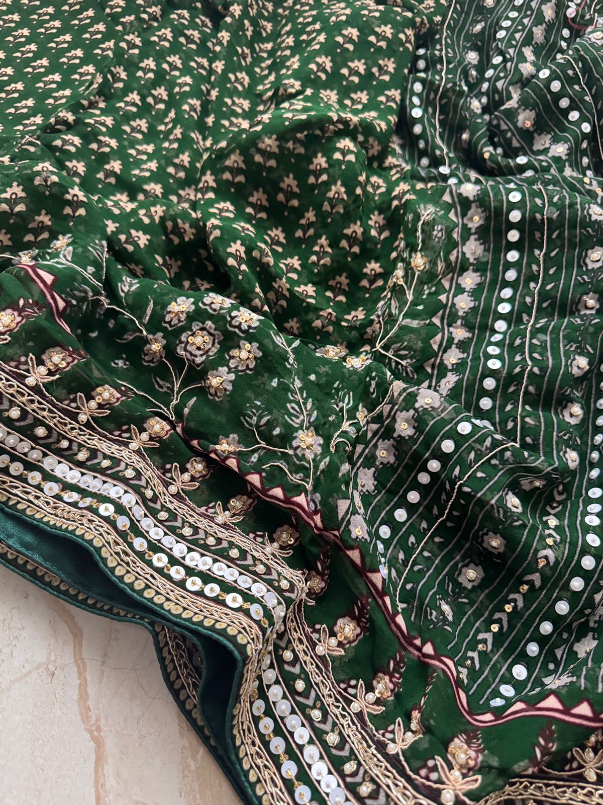 Georgette Ajrakh Print Saree With Hand Zardozi Border