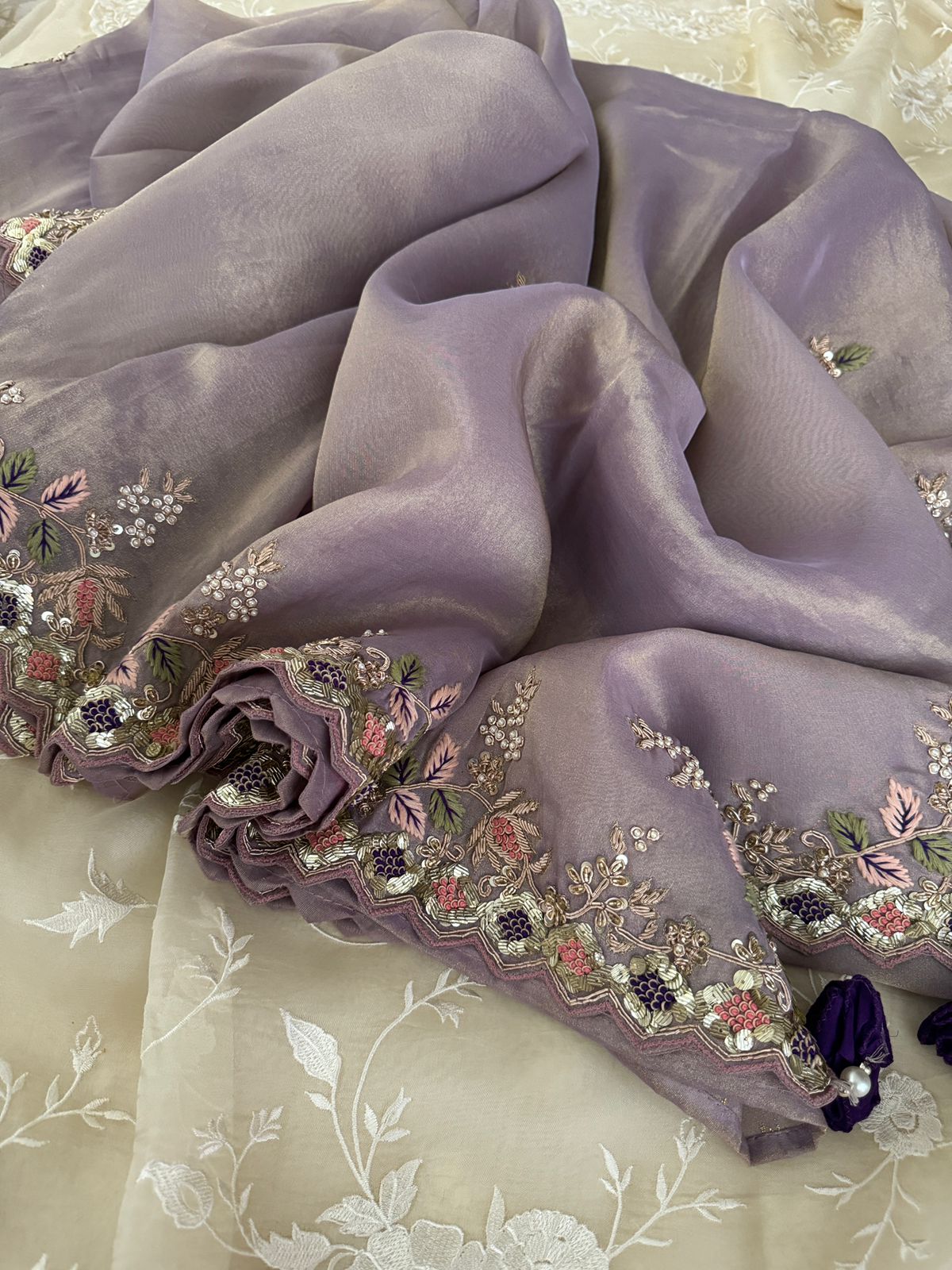 Pure Tissue Organza Zardozi Work Embroidery Saree