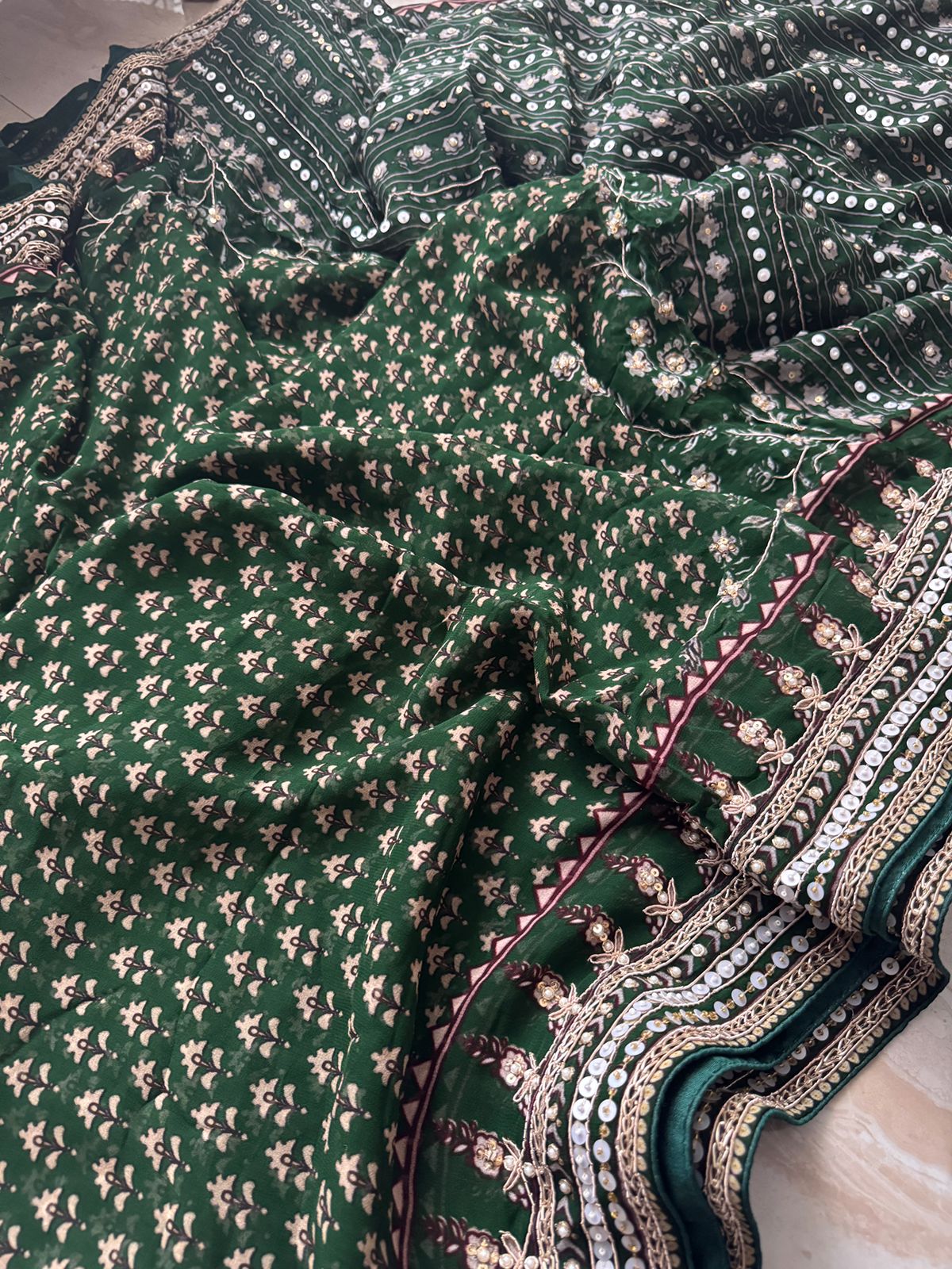 Georgette Ajrakh Print Saree With Hand Zardozi Border