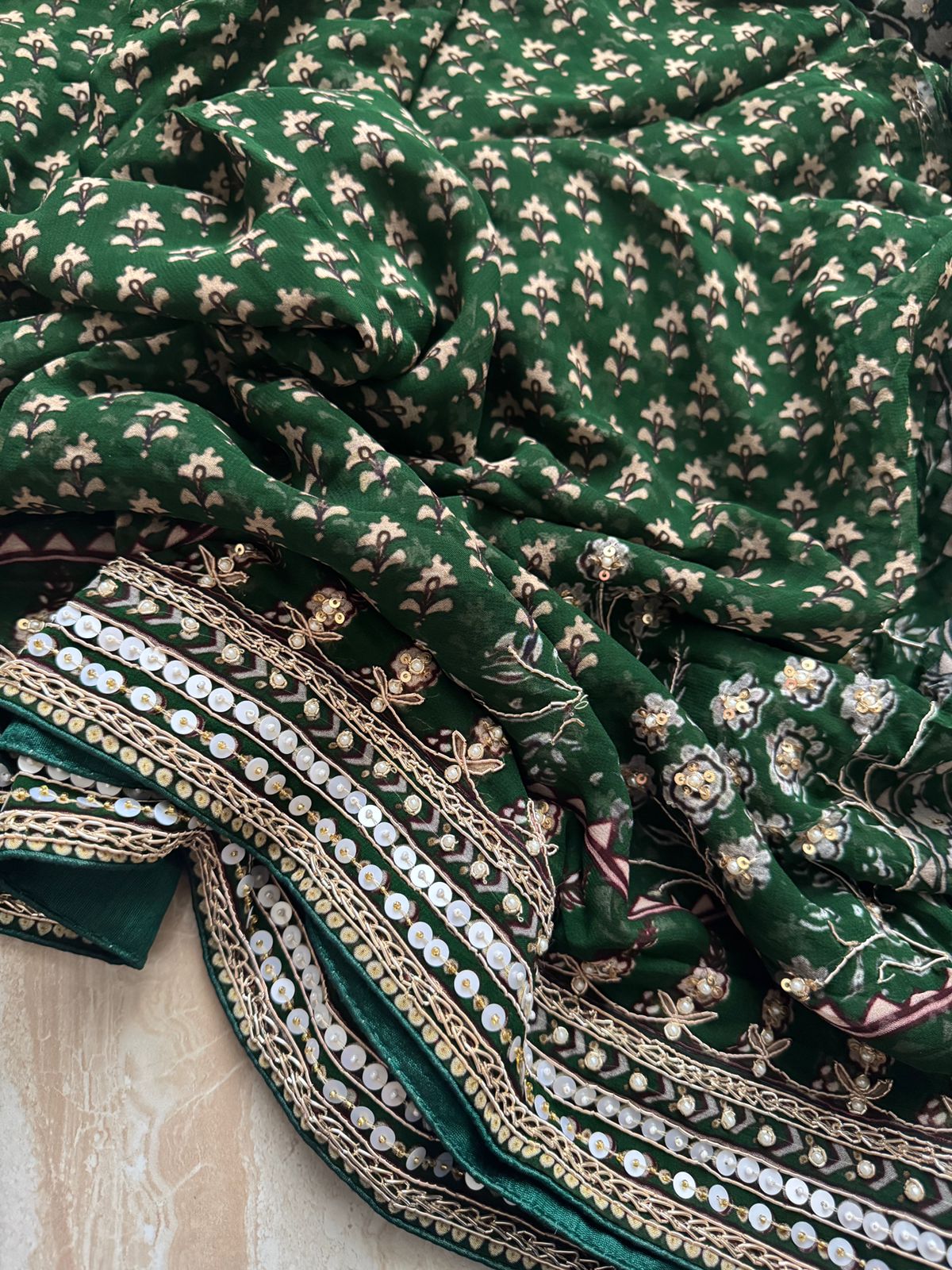 Georgette Ajrakh Print Saree With Hand Zardozi Border