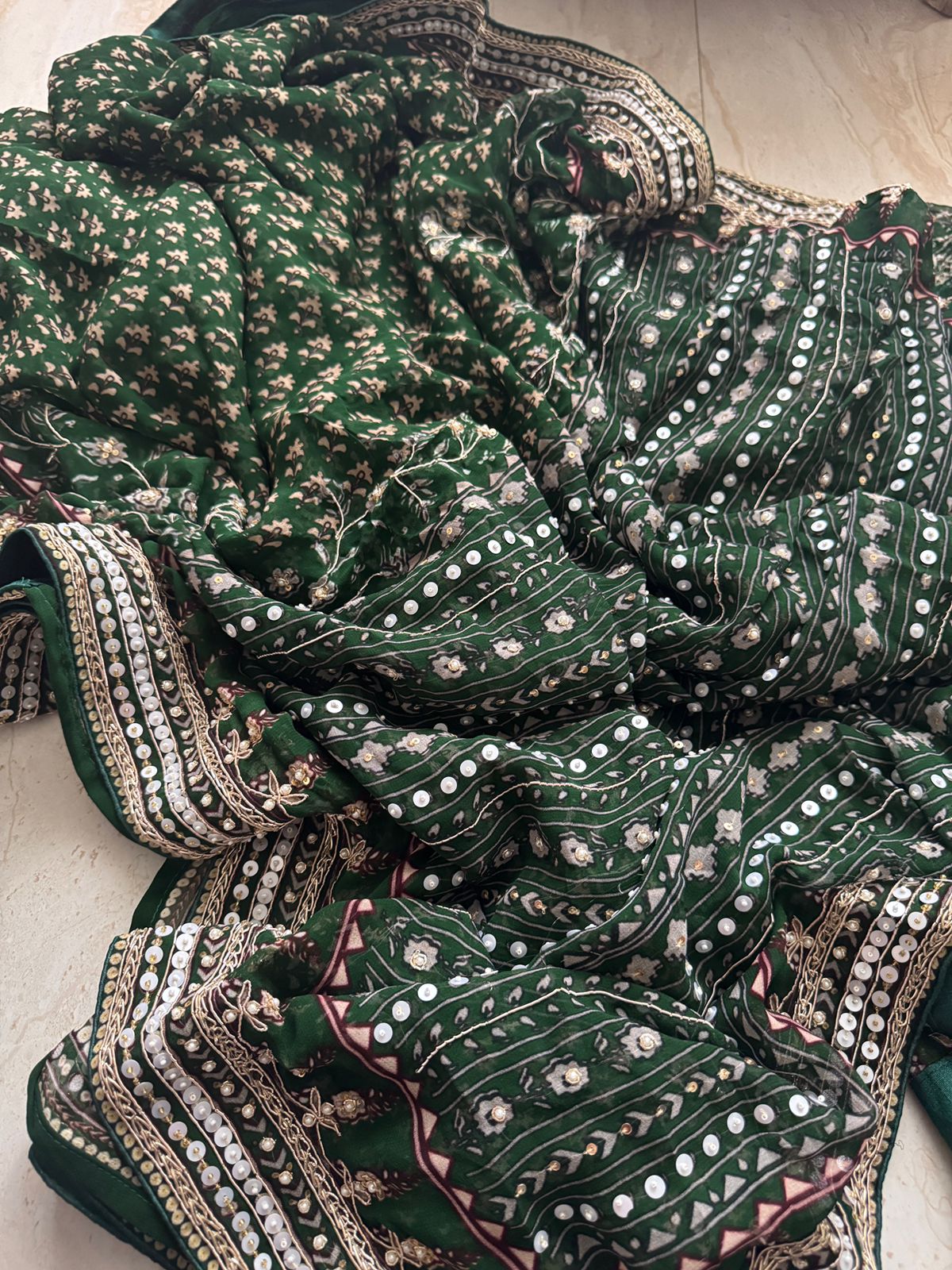 Georgette Ajrakh Print Saree With Hand Zardozi Border