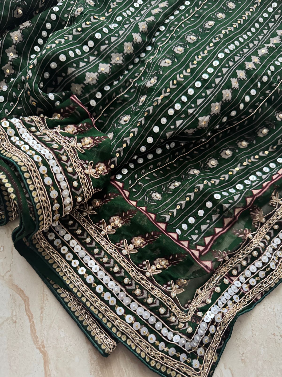Georgette Ajrakh Print Saree With Hand Zardozi Border