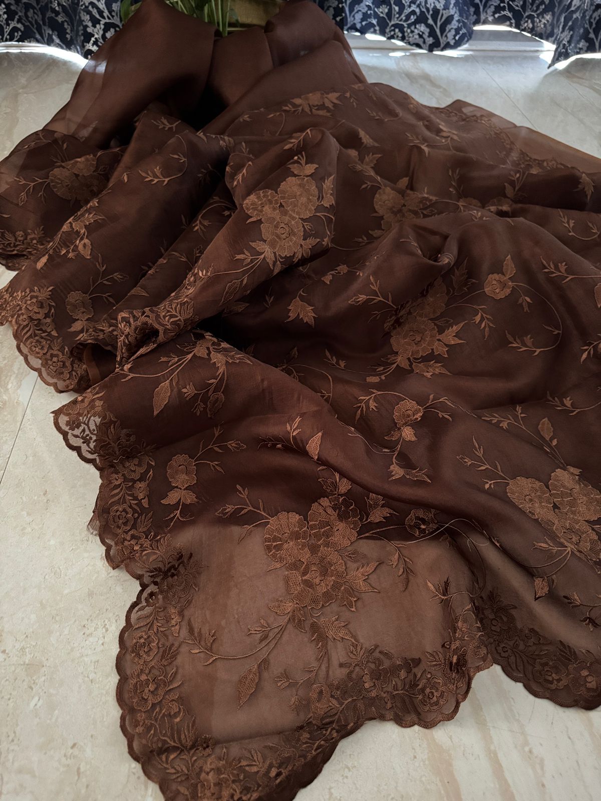 Pure Organza Saree With Machine Embroidery Work All Over
