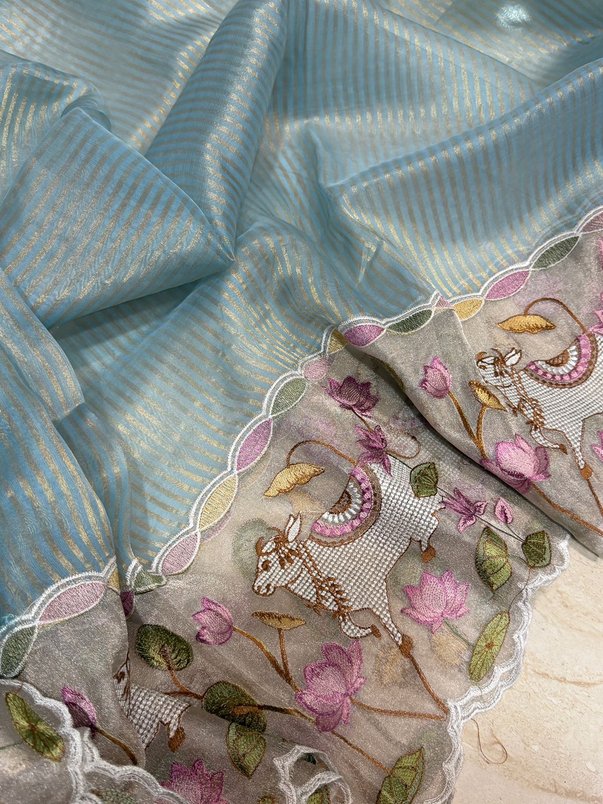 Banarasi Soft Zari Stripe Saree with Pichwai Embroidery Border