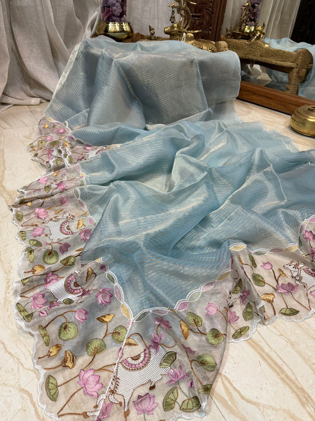 Banarasi Soft Zari Stripe Saree with Pichwai Embroidery Border