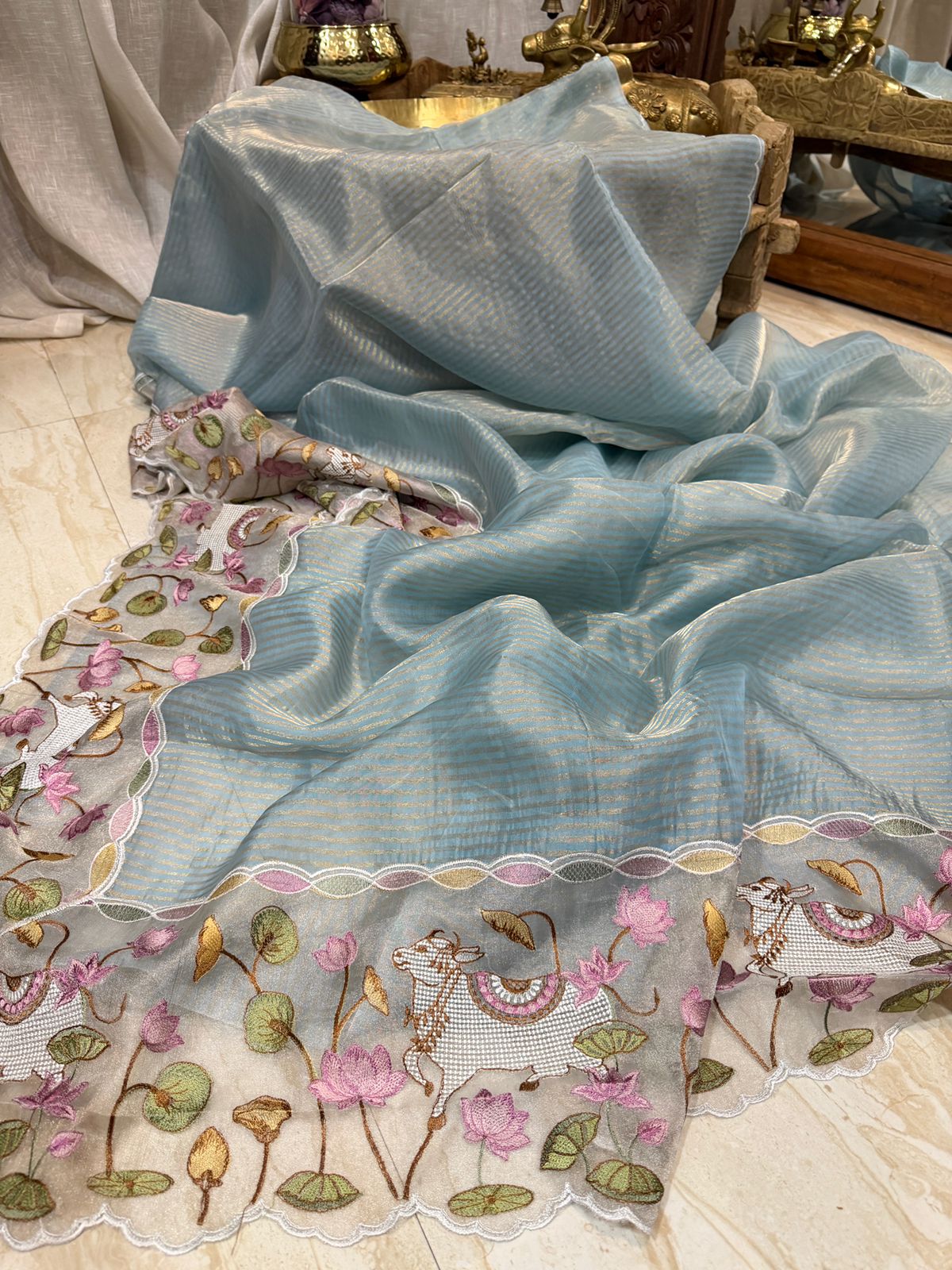 Banarasi Soft Zari Stripe Saree with Pichwai Embroidery Border
