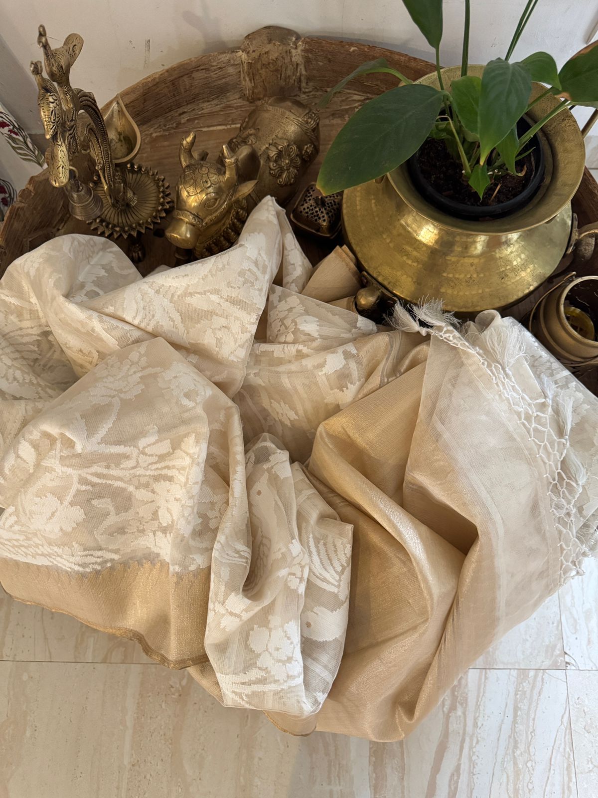Pure Kora Net Banarasi Saree with White Resham Jaal & Bird Motifs