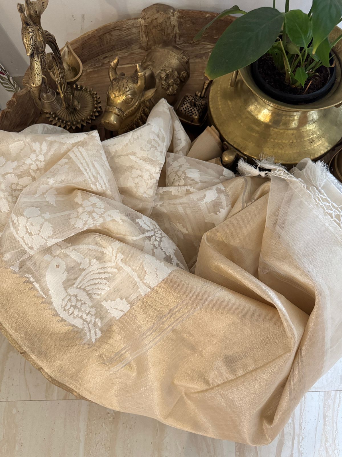 Pure Kora Net Banarasi Saree with White Resham Jaal & Bird Motifs