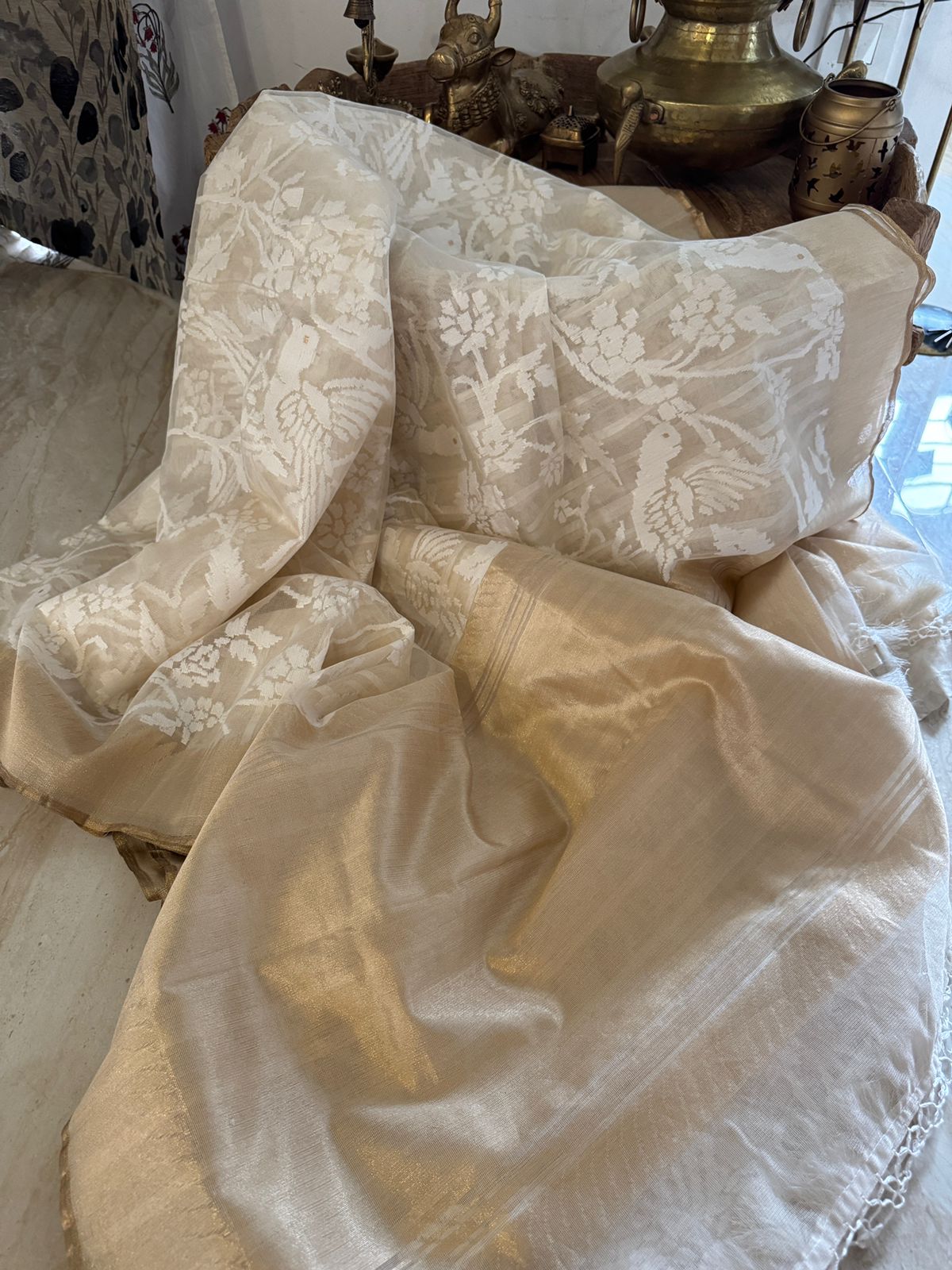Pure Kora Net Banarasi Saree with White Resham Jaal & Bird Motifs