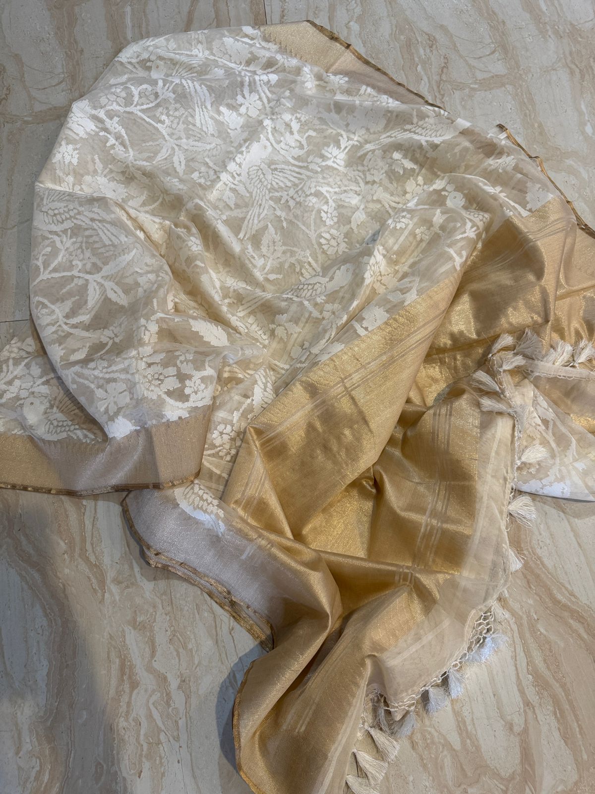 Pure Kora Net Banarasi Saree with White Resham Jaal & Bird Motifs