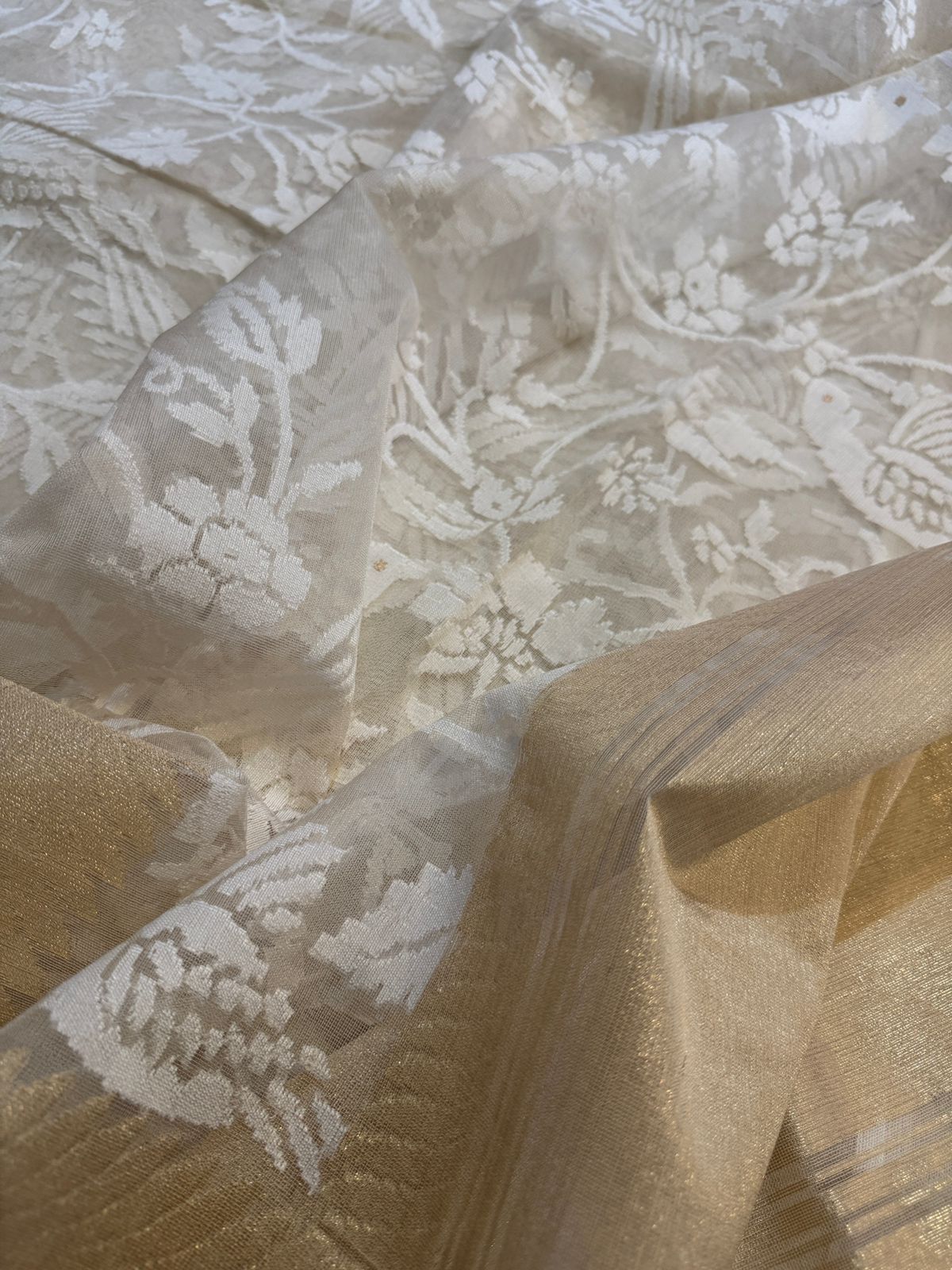 Pure Kora Net Banarasi Saree with White Resham Jaal & Bird Motifs