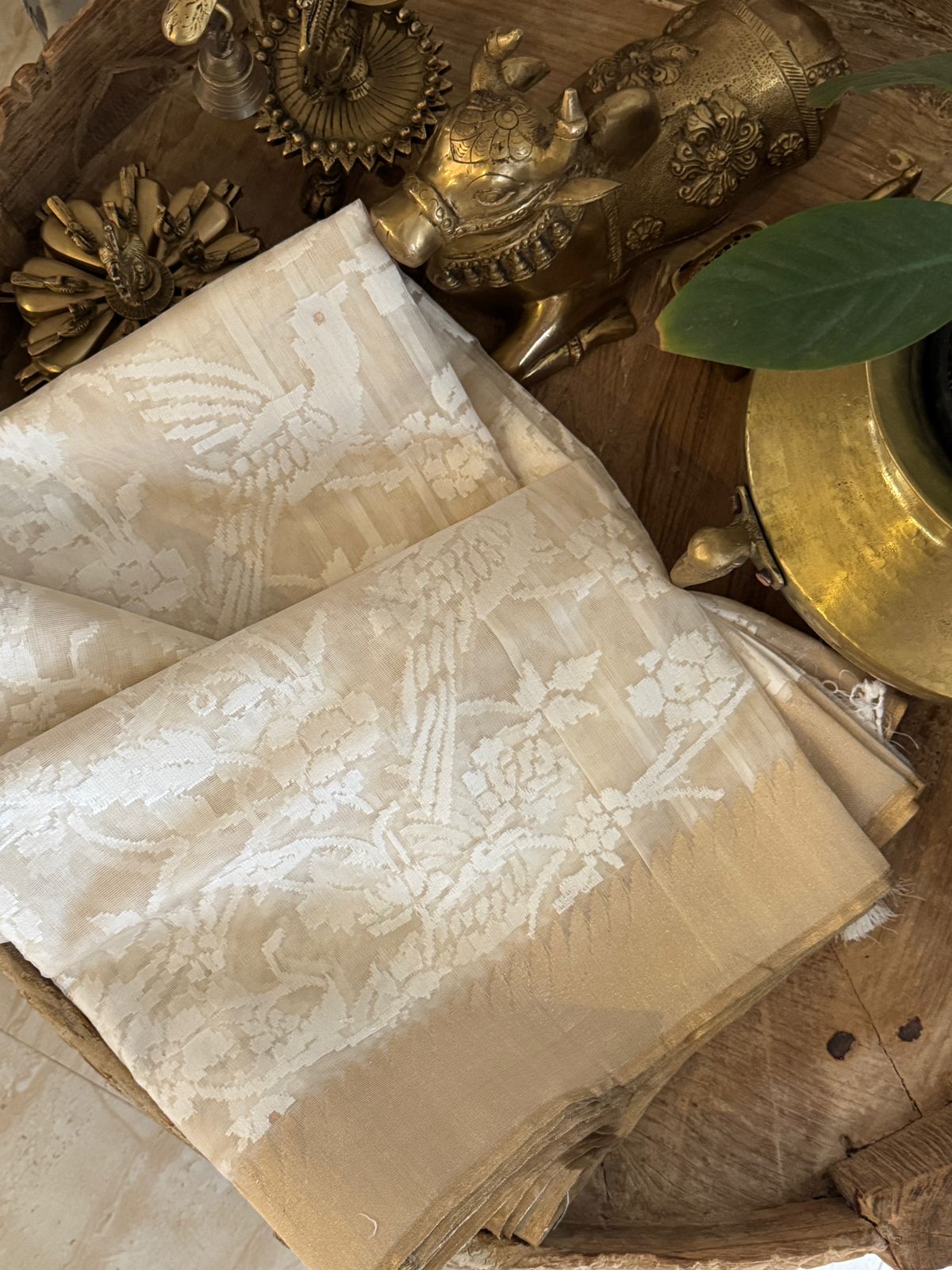 Pure Kora Net Banarasi Saree with White Resham Jaal & Bird Motifs